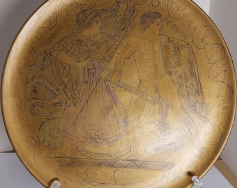 hand-painted decorative plate, pictorial reworking of an Etruscan mirror with Hercules and Minerva