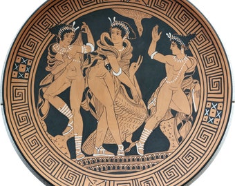 wall plate, hand-painted terracotta, copy of Etruscan pottery, mythological scene of Leda with the swan and two handmaids.