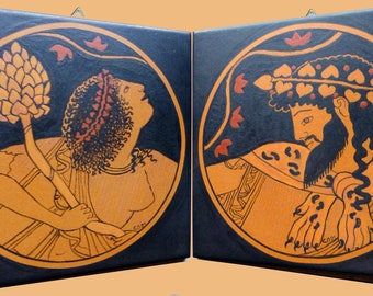 TO ORDER Pair of hand-painted and fired terracotta tiles showing Dionysus ( Baccus ) and a Maenad ( Bacchante ) from Greek amphora in Munich