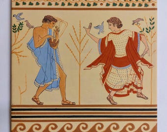 hand-painted and kiln-fired ceramic tile with a dancer and a musician, reproducing a scene from a fresco in  Etruscan tomb