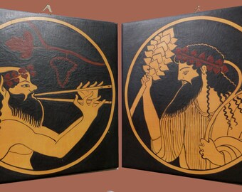 TO ORDER Pair of hand-painted and fired terracotta tiles, made to order. They depict Dionysus ( Baccus ) and a Satyr, from Greek ceramics