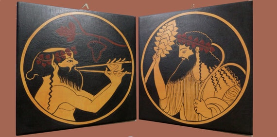 SU ORDINAZIONE Coppia di piastrelle di terracotta dipinte a mano e cotte su ordinazione. Dioniso ( Bacco ) ed un Satiro, da ceramica greca