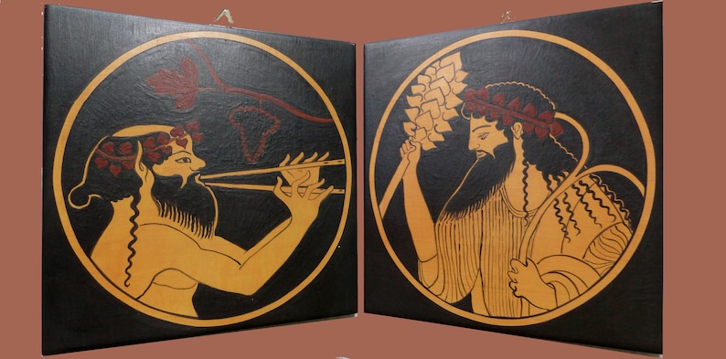 May include: Two square paintings featuring ancient Greek figures in black and gold. One figure plays a flute, the other holds wheat. The figures are within gold circles, evoking classical art.