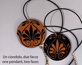 ancient Greece style double-faced pendant hand painted on terracotta. Decorative palmette front and back, positive and negative