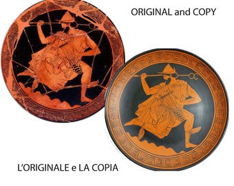 Hermes for the Greeks, Mercury for the Romans, messenger racing on the waves of the sea, hand-painted plate, copy from the British Museum