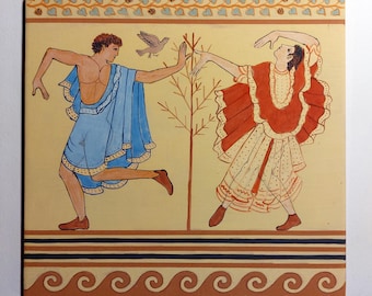 hand-painted and kiln-fired ceramic tile with a pair of dancers, reproducing a scene from a fresco in  Etruscan tomb