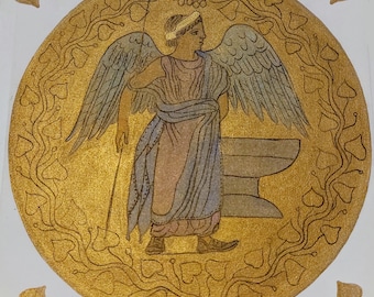 hand-painted ceramic tile, pictorial reworking of an Etruscan mirror,
