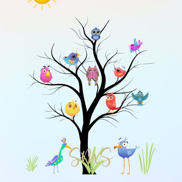 Silly Bird Tree.  Digital file birds. humorous JPG. Cartoon birds. use in mixed media art.  children wall decor. graphically disigned