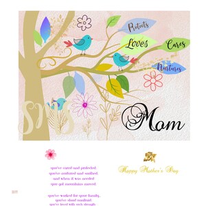 Fichier numérique pour carte fête des mères, carte maman 5x7, carte graphiste, arbre, oiseaux, carte rose tendre, belle carte maman