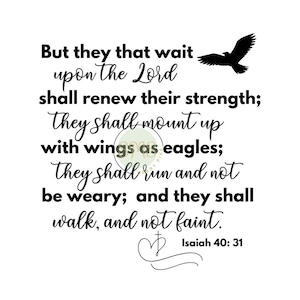 Könnte beinhalten: Weißes Grafikdesign mit dem Text "Aber die auf den HERRN harren, kriegen neue Kraft, dass sie auffahren mit Flügeln wie Adler, dass sie laufen und nicht müde werden, dass sie wandeln und nicht ermatten." Enthält eine schwarze Vogelsilhouette und den Bibelvers Jesaja 40:31.