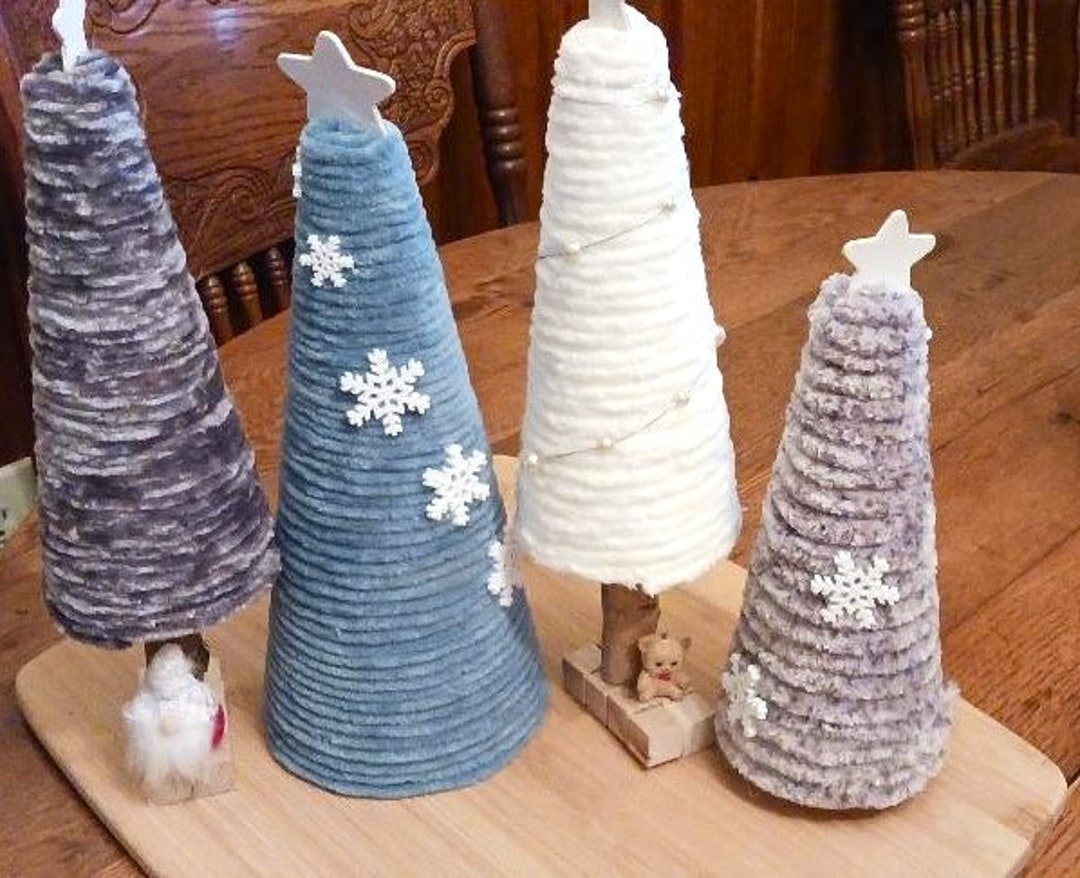 Yarn Trees. Christmas Trees With Yarn, Gnome, Yarn Trees, Styrofoam Cone, Christmas Decor