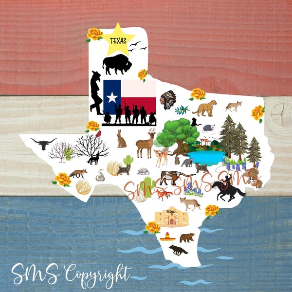 Texas flag map. native animals, native flowers. graphically designed state map.  red white and blue. Texas cowboy, buffalo, flag.  digital