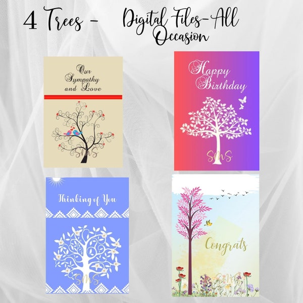 Set of 4 Trees Cards, digital PNG designer all occasion, sympathy card, congrats, large 5x7 cards, graphic designed for you