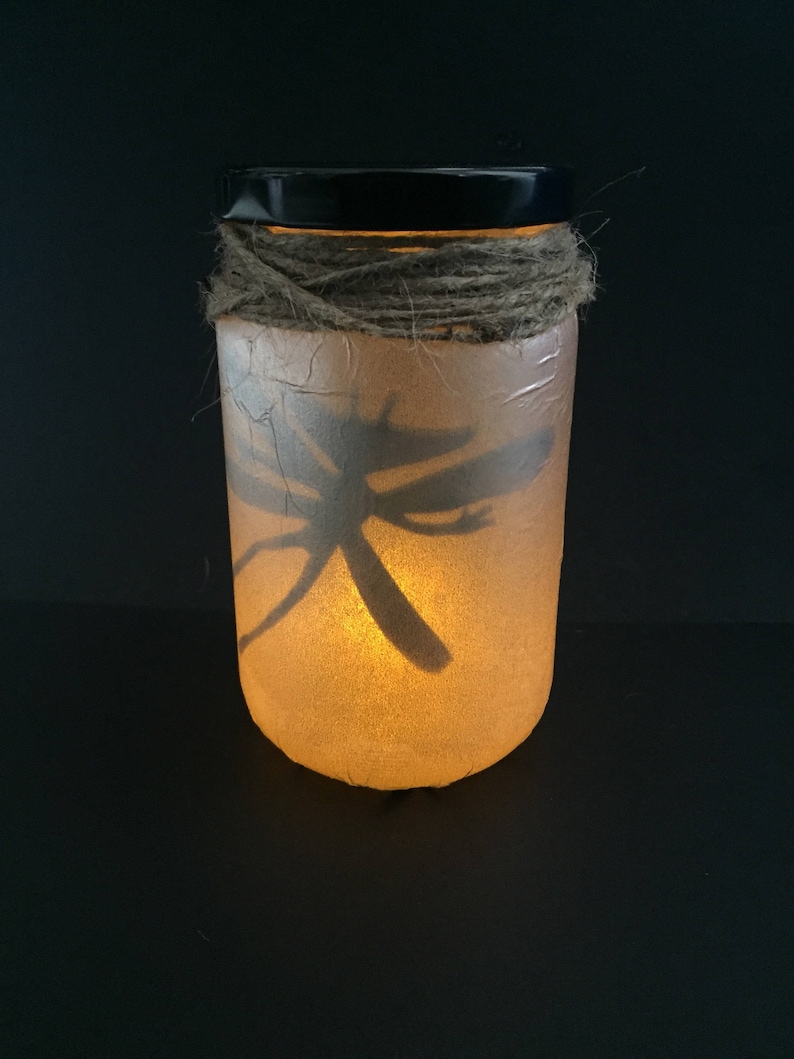 May include: A glass jar with a black lid and a brown twine wrap. The jar is filled with a white substance and has a dragonfly silhouette inside. The jar is lit from within, creating a warm glow.