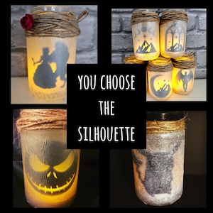 May include: Four glass jars with different silhouettes inside. The jars are decorated with twine and have a warm glow coming from inside. The text "YOU CHOOSE THE SILHOUETTE" is displayed in the centre of the image.