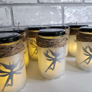 May include: A row of six glass jars with fairy silhouettes, wrapped in twine, and lit from within. The jars are on a white surface.