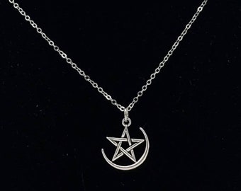 Small Crescent Moon Star Pentagram Necklace