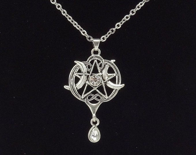 Featured listing image: Small Tripple Moon Goddess Gem Pentagram Necklace