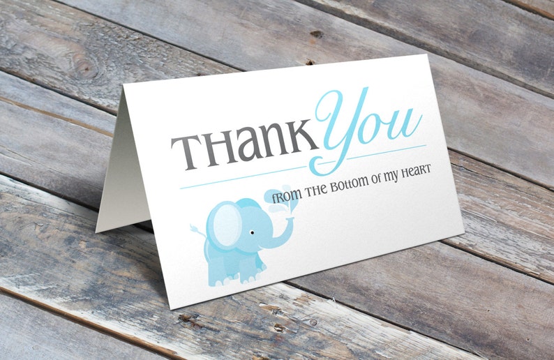 Thank You Note Baby Shower Blue Elephant Baby Boy Set of 8 Thank You Notes w/envelopes image 1