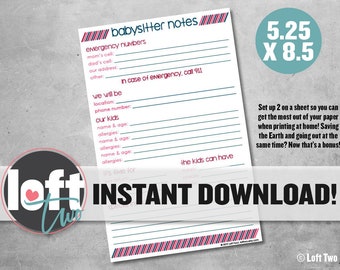 Babysitter Notes / Notes for the Sitter / Babysitter Form / Nanny Notes / New Mom / Babysitting / Nanny / Printable / Instant Download