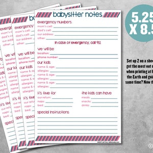 Babysitter Notes / Notes for the Sitter / Babysitter Form / Nanny Notes ...