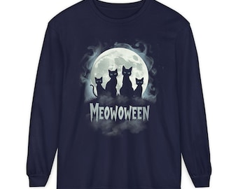 Meowoween Cats Moon long sleeve T-Shirt | Halloween cat shirt