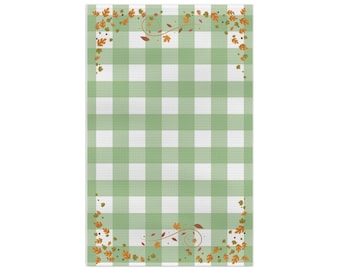 Green Gingham Check with Autumn Floral Border Tea Towel