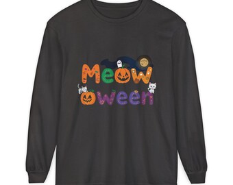 Meow-ween Halloween Cat Graphic Long Sleeve Tee | Pumpkin, Ghost