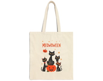 Meowoween Cats Tote Bag | Halloween Pumpkin Cat Illustration