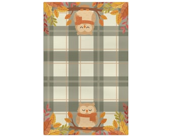 Autumn Owls Plaid Microfiber Tea Towel | Fall Leaves Kitchen Decor