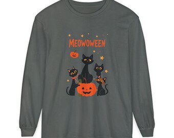 Meowoween black cats pumpkin Long Sleeve T-Shirt | Halloween cat tee