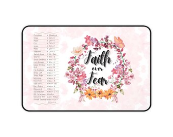 Faith Over Fear Floral Wreath Desk Mat | Keyboard Shortcut Reference