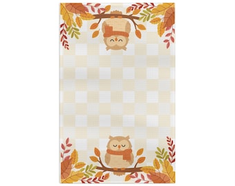 Autumn Owls Microfiber Tea Towel | Fall Leaves Checkered Kitchen