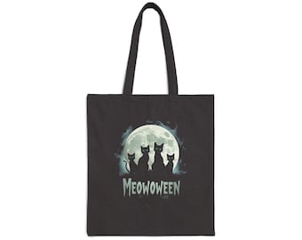 Meowoween cats tote bag | Halloween moon cat silhouette canvas tote