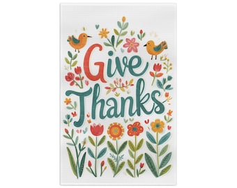 Give Thanks Tea Towel | Floral Script-Lettered Thanksgiving Kitchen Decor
