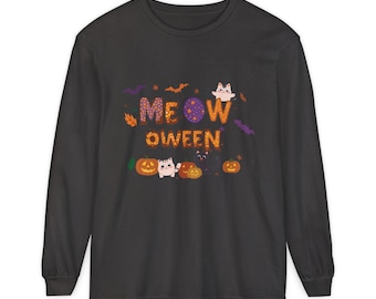 Meow Oween Cat Halloween Long Sleeve Tee | Pumpkin Cats, Ghosts, Bats (Garment-Dyed Cotton)