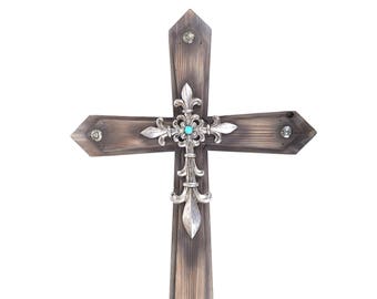 21" Western Wall Wood Cross Faux Turquoise Bead Iron Fleur De Lis