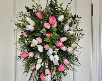 Pink Tulip Wreath, Easter Wreath, Spring Swag, Door Swag, Door Wreath, House Warming Gift, Door Decor, Tulip Wreath