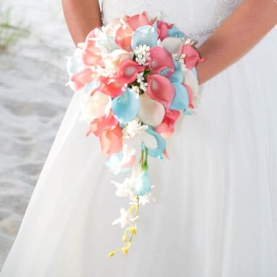 Cascading Coral Bouquet Tropical Wedding Bouquet Aqua And Etsy