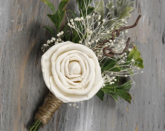 Rustic Boutonniere Groom Boutonniere Groomsman Boutonniere Corsage Pin Mens Wedding Sola Boutonniere  Wedding Accessories Ivory Boutonniere