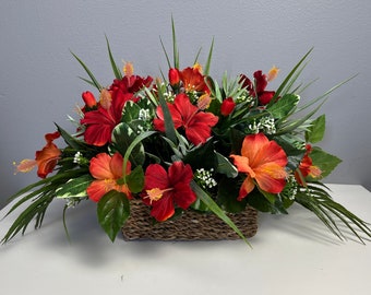 Tropical  Arrangement, Summer Arrangement, Tropical Centerpiece, Table Top, Tropical  Decor, Hibiscus Arrangement, Red Arrangement