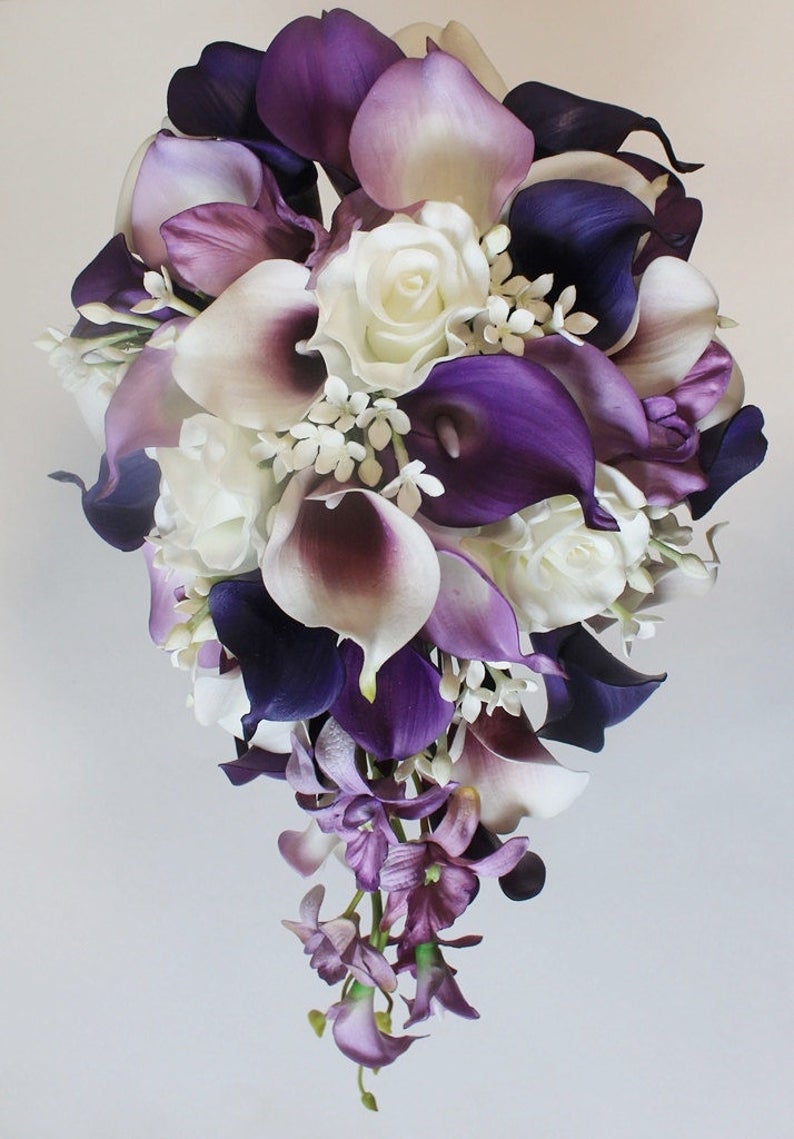 Cascading Wedding Calla Lily Bouquet Purple Bouquet Bridal ...