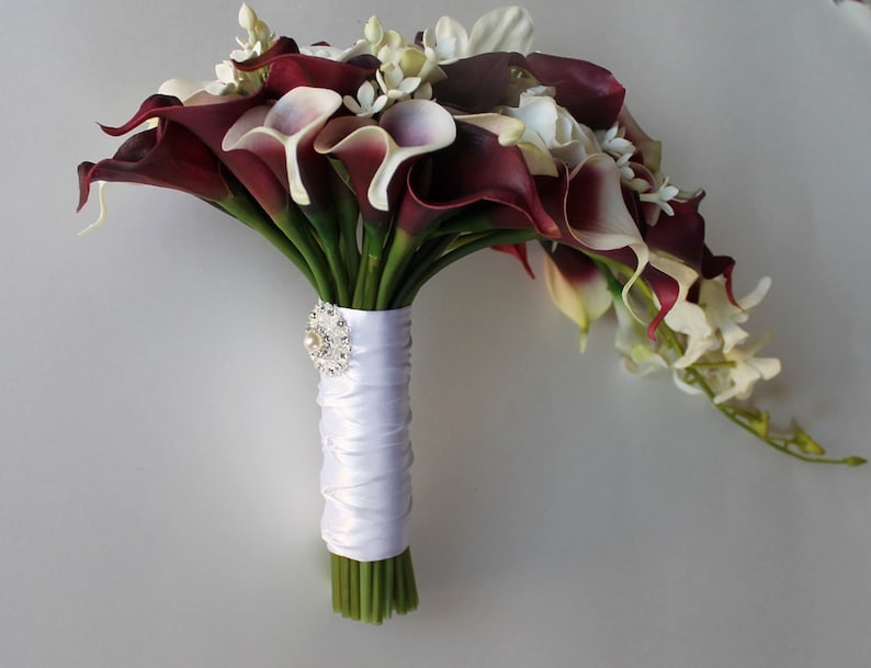 Cascade Wedding Calla Lily Bouquet Cramberry Bouquet Bridal Bouquet Real Touch Burgundy Calla Lily Bridal Bouquet Wedding Bouquets