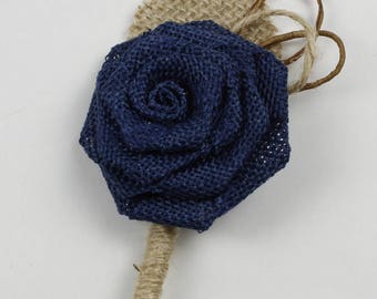 Navy Blue Rustic Boutonniere Groom Boutonniere Groomsman Boutonniere Burlap Boutonniere Mens Wedding Boutonniere  Navy Blue Boutonniere