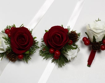 Christmas Red  Corsage Mothers Corsage Red Wedding Corsage Winter Corsage Wedding Corsage  Weddings  Christmas Boutonniere Country Corsage