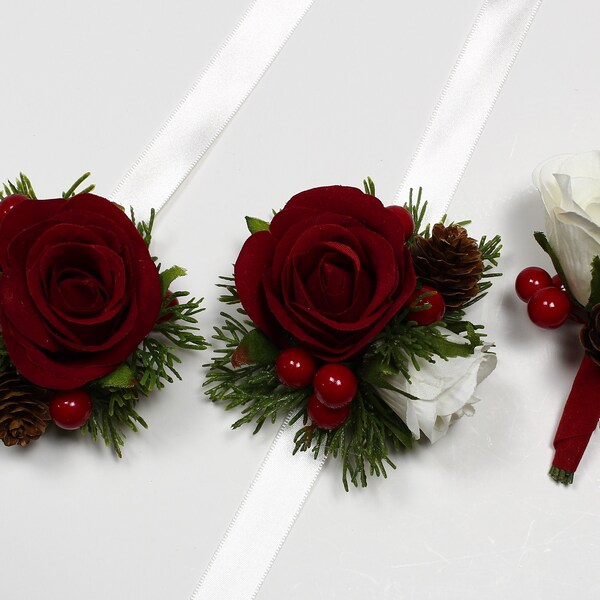 Christmas Red  Corsage Mothers Corsage Red Wedding Corsage Winter Corsage Wedding Corsage  Weddings  Christmas Boutonniere Country Corsage