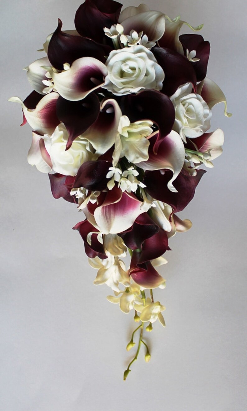 Cascade Wedding Calla Lily Bouquet Cramberry Bouquet Bridal Bouquet Real Touch Burgundy Calla Lily Bridal Bouquet Wedding Bouquets