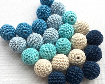 25pcs crocheted round beads,  supply,  necklace, handmade craft supplies, blue shades, any color, natural crochet wooden balls