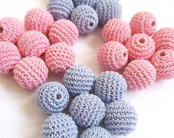 Crocheted beads 30 pcs wooden round beads light blue and baby pink, multicolor, bead mix, handmade craft supplies, beech wood, crochet balls