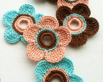 6PCS Crochet Flowers Applique, crochet embelishments, crochet motif in peach aqua brown, any color